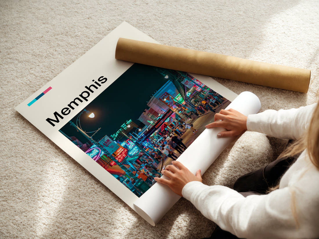 Memphis Neon Lit Street Travel Print being unrolled from its postal tube