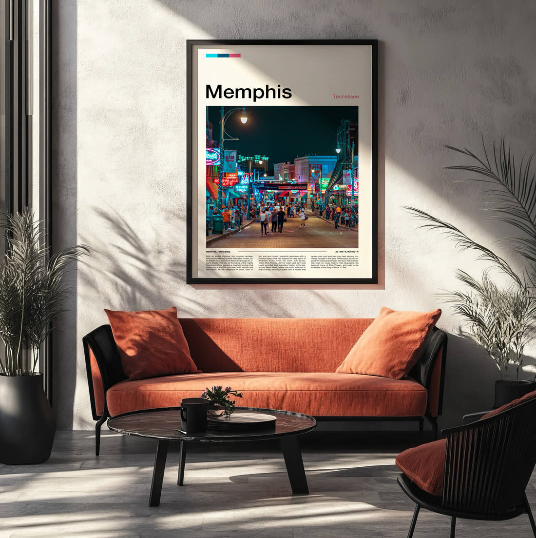 Memphis Neon Lit Street Travel Print framed on the wall of a modern living room