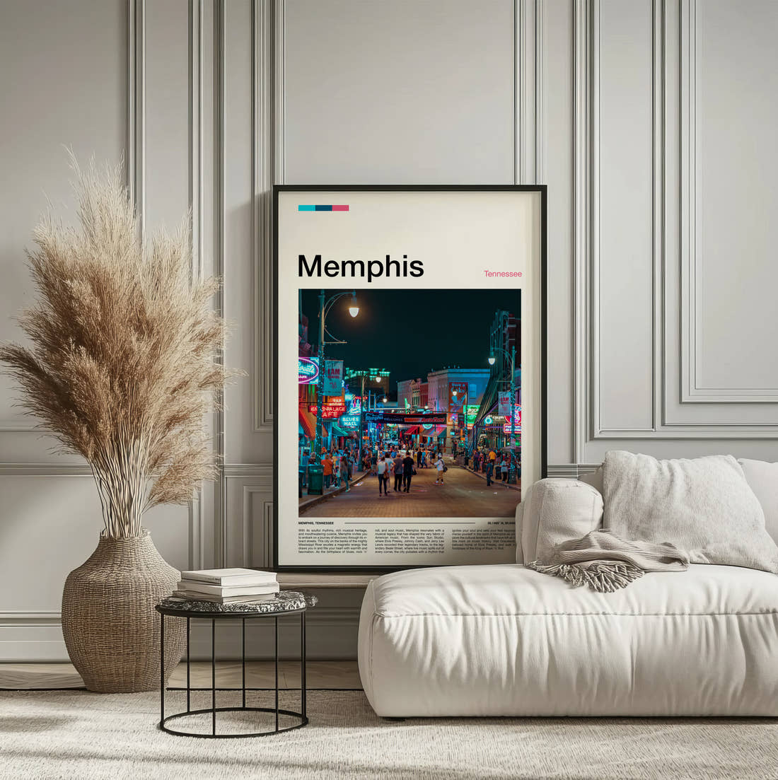 Memphis Neon Lit Street Travel Print framed on the wall of a calm, neutral bedroom