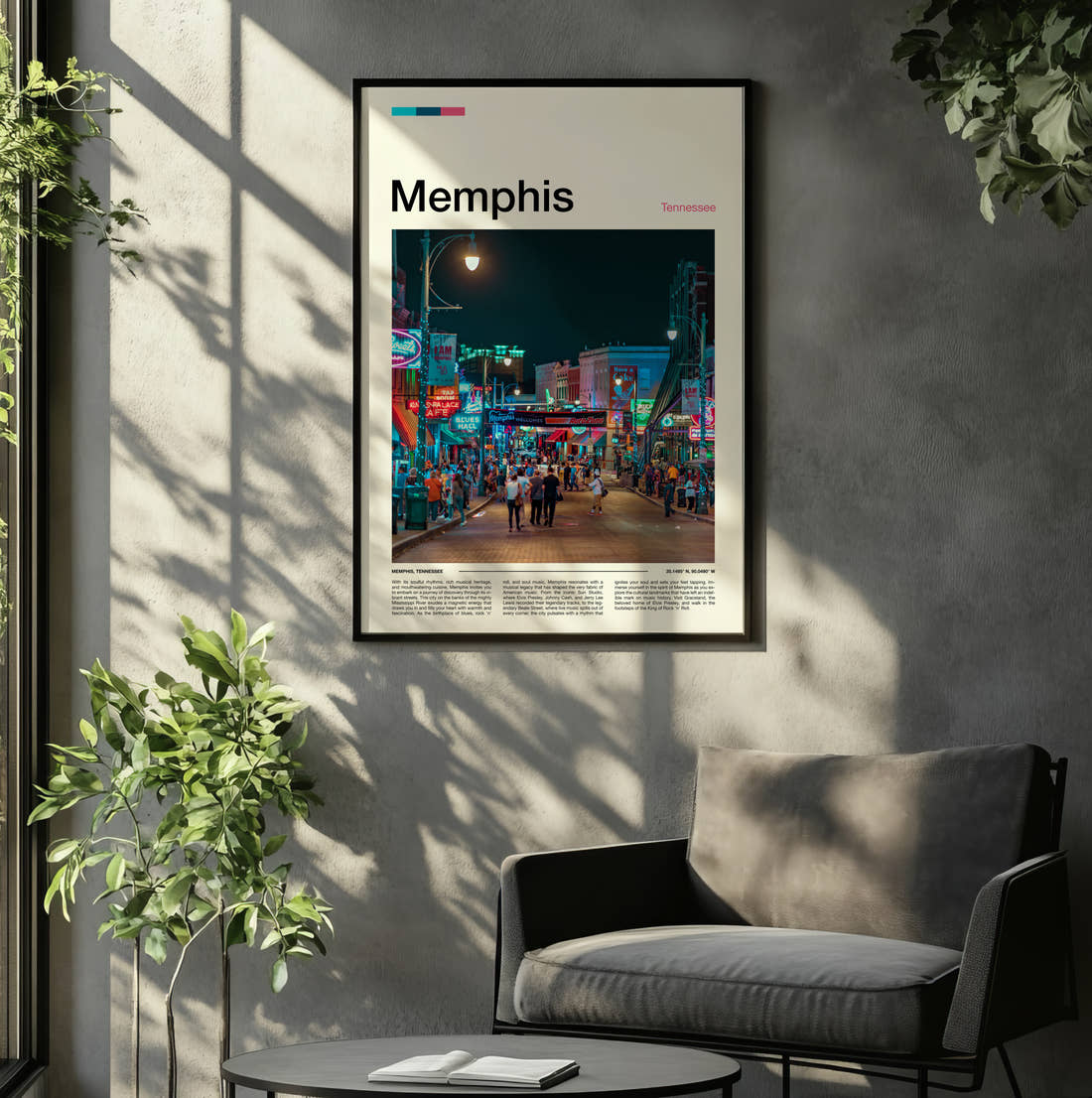 Memphis Neon Lit Street Travel Print framed on the wall of a relaxed living room
