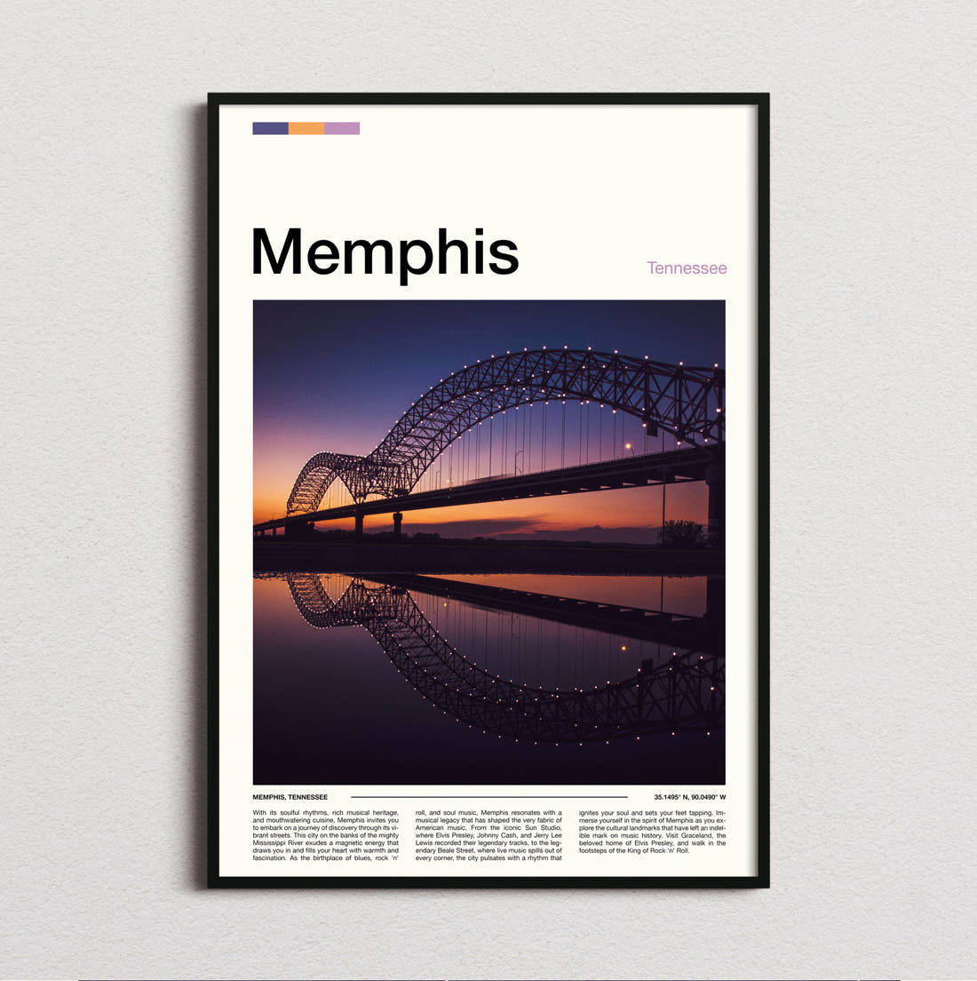 Memphis Arched Bridge Reflected Travel Print framed and photographed straight on