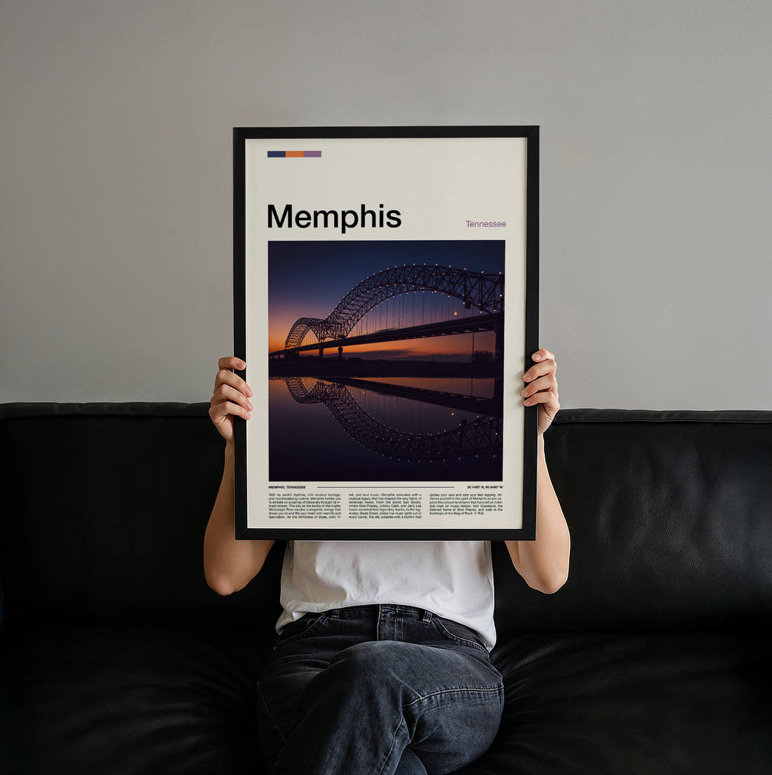 Memphis Arched Bridge Reflected Travel Print held up by hand to show the size of the print