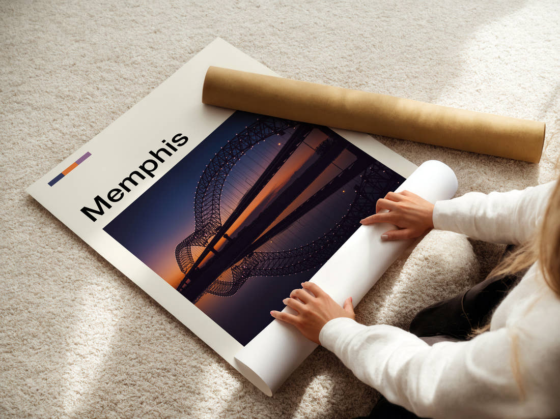 Memphis Arched Bridge Reflected Travel Print being unrolled from its postal tube