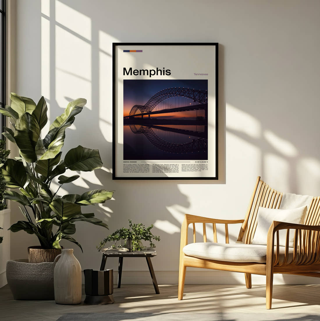 Memphis Arched Bridge Reflected Travel Print framed on a pale wall beside houseplants