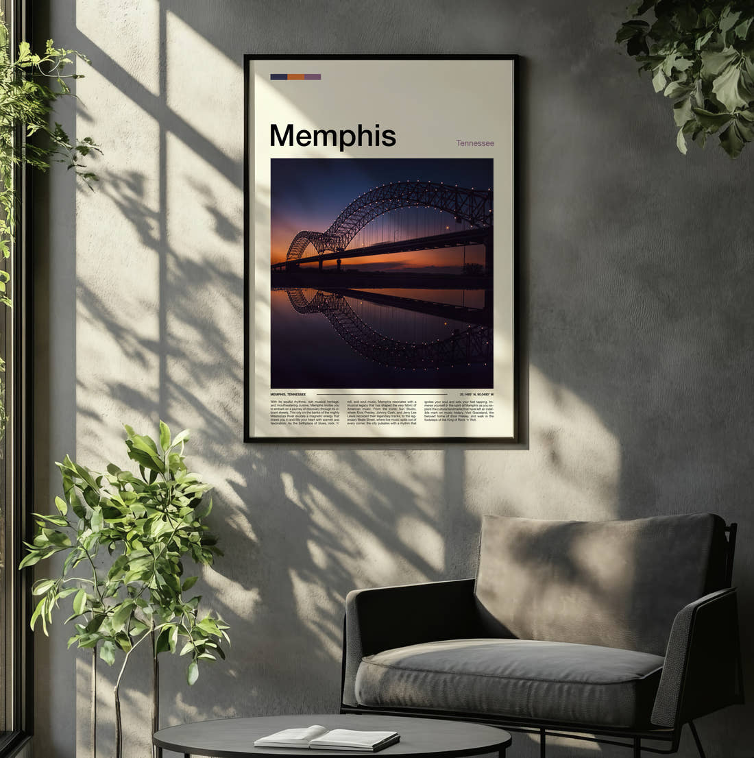 Memphis Arched Bridge Reflected Travel Print framed on the wall of a relaxed living room
