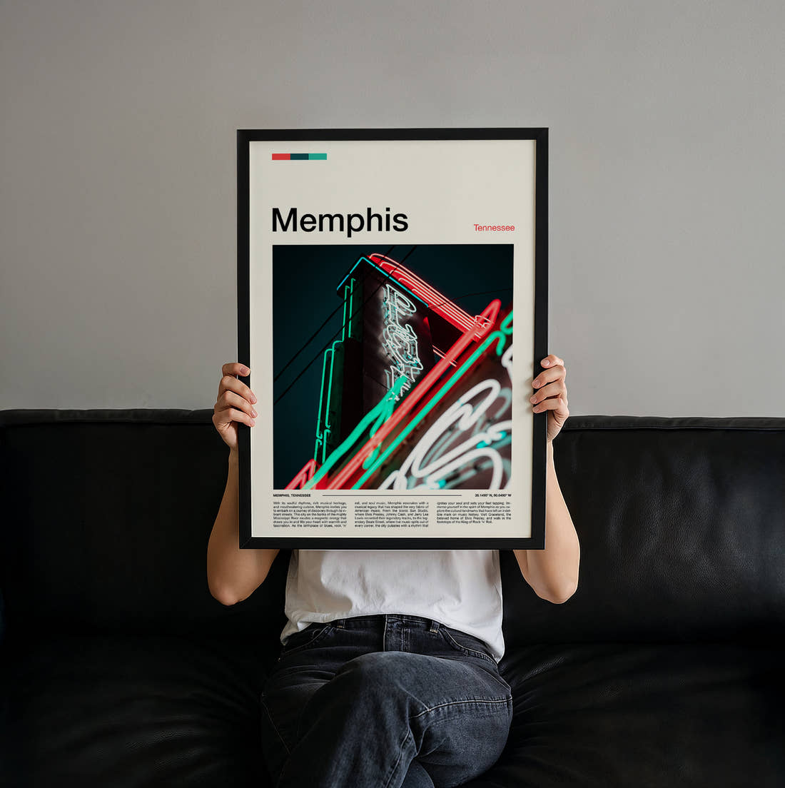 Memphis Neon Sign Travel Print held up by hand to show the size of the print