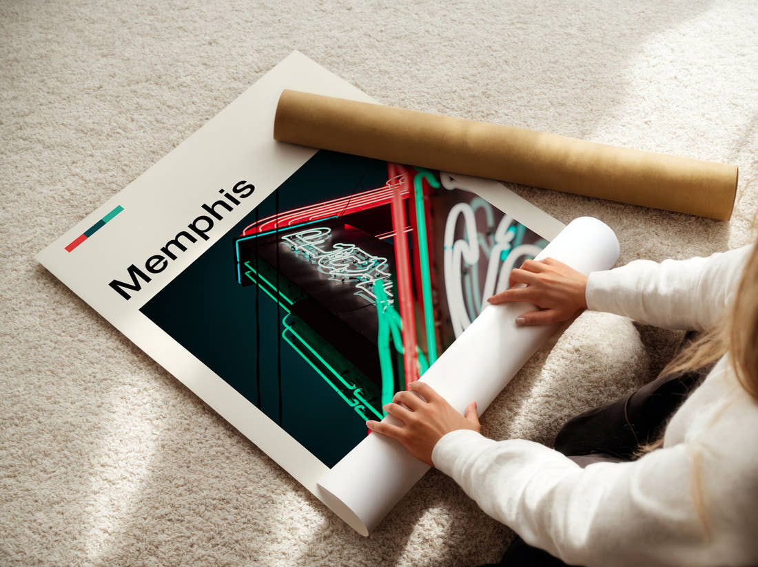 Memphis Neon Sign Travel Print being unrolled from its postal tube
