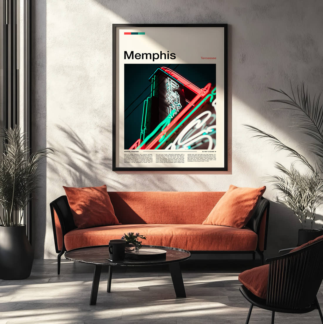 Memphis Neon Sign Travel Print framed on the wall of a modern living room