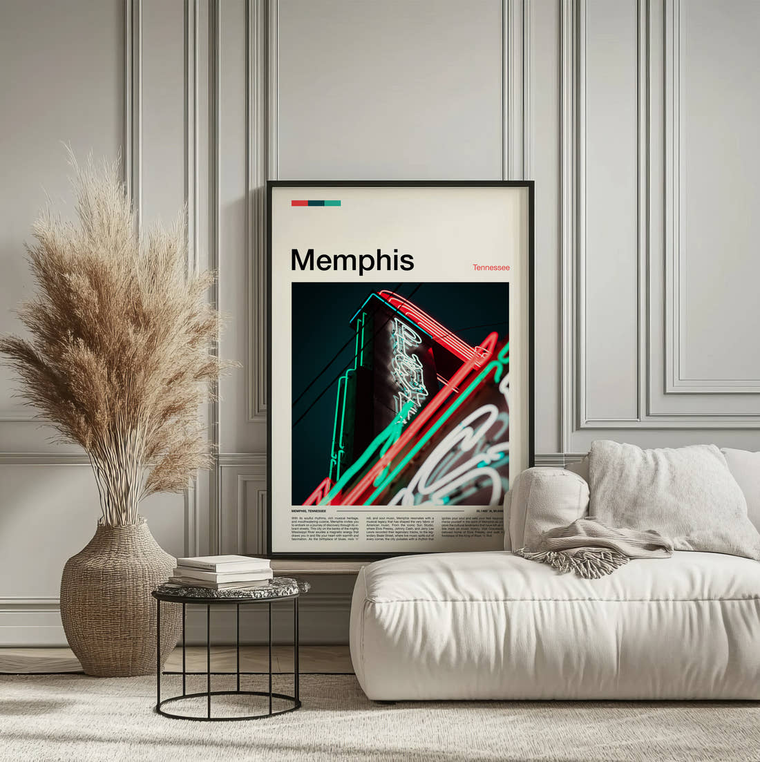 Memphis Neon Sign Travel Print framed on the wall of a calm, neutral bedroom