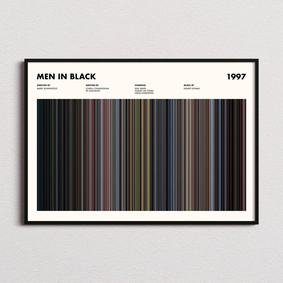 Men In Black Movie Barcode Poster framed and photographed straight on