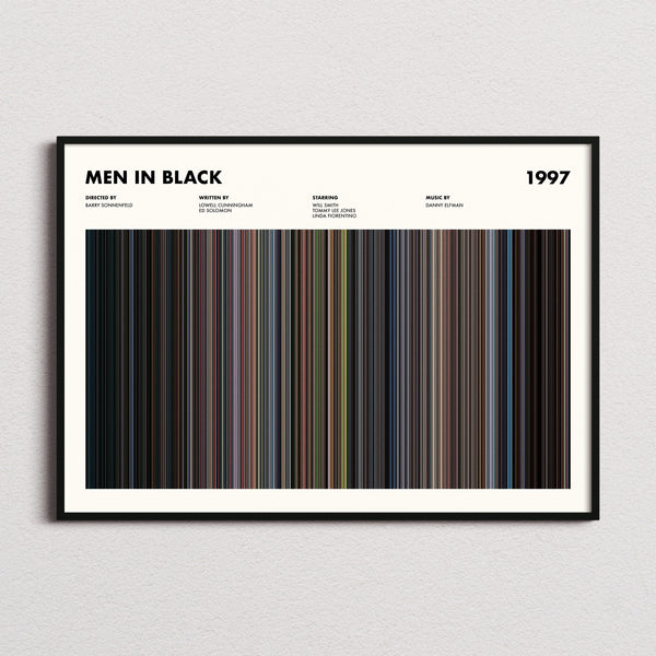Men In Black Movie Barcode Poster framed and photographed straight on