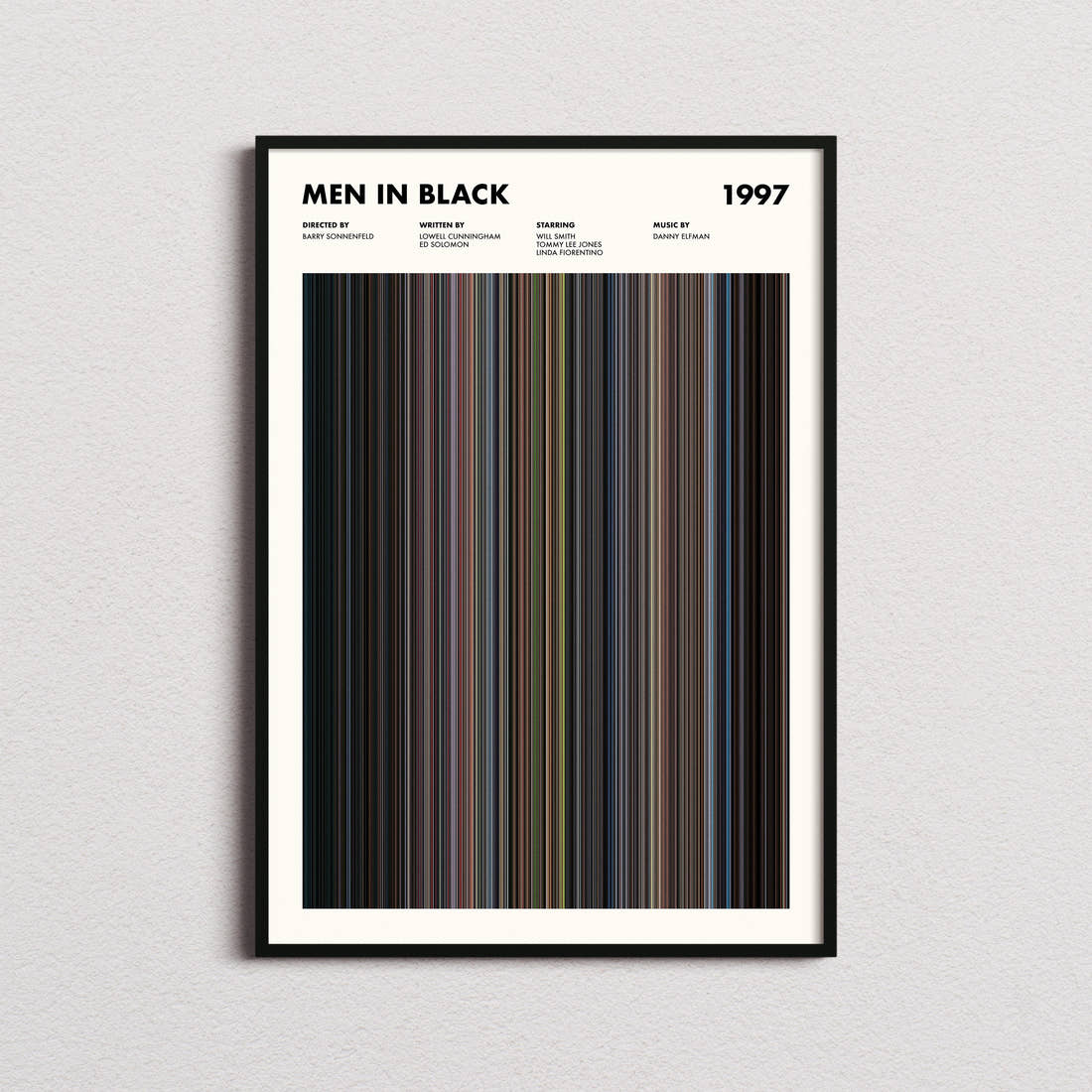 Men In Black Movie Barcode Poster framed on a plain studio wall