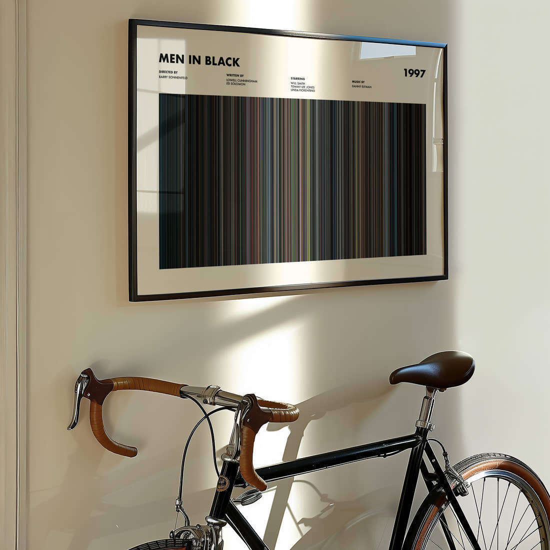 Men In Black Movie Barcode Poster framed on the wall of a styled room setting