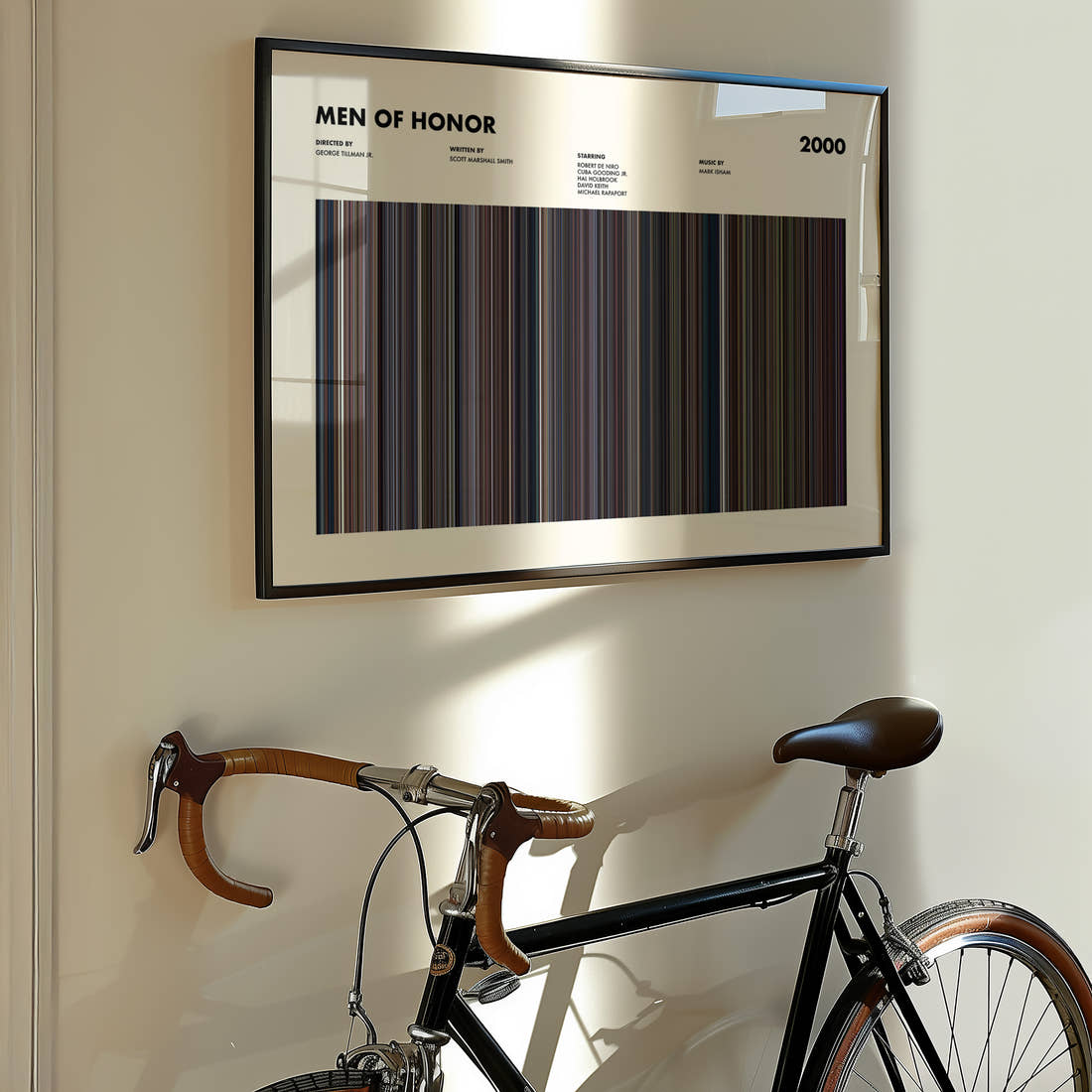 Men Of Honor Movie Barcode Poster framed on the wall of a styled room setting