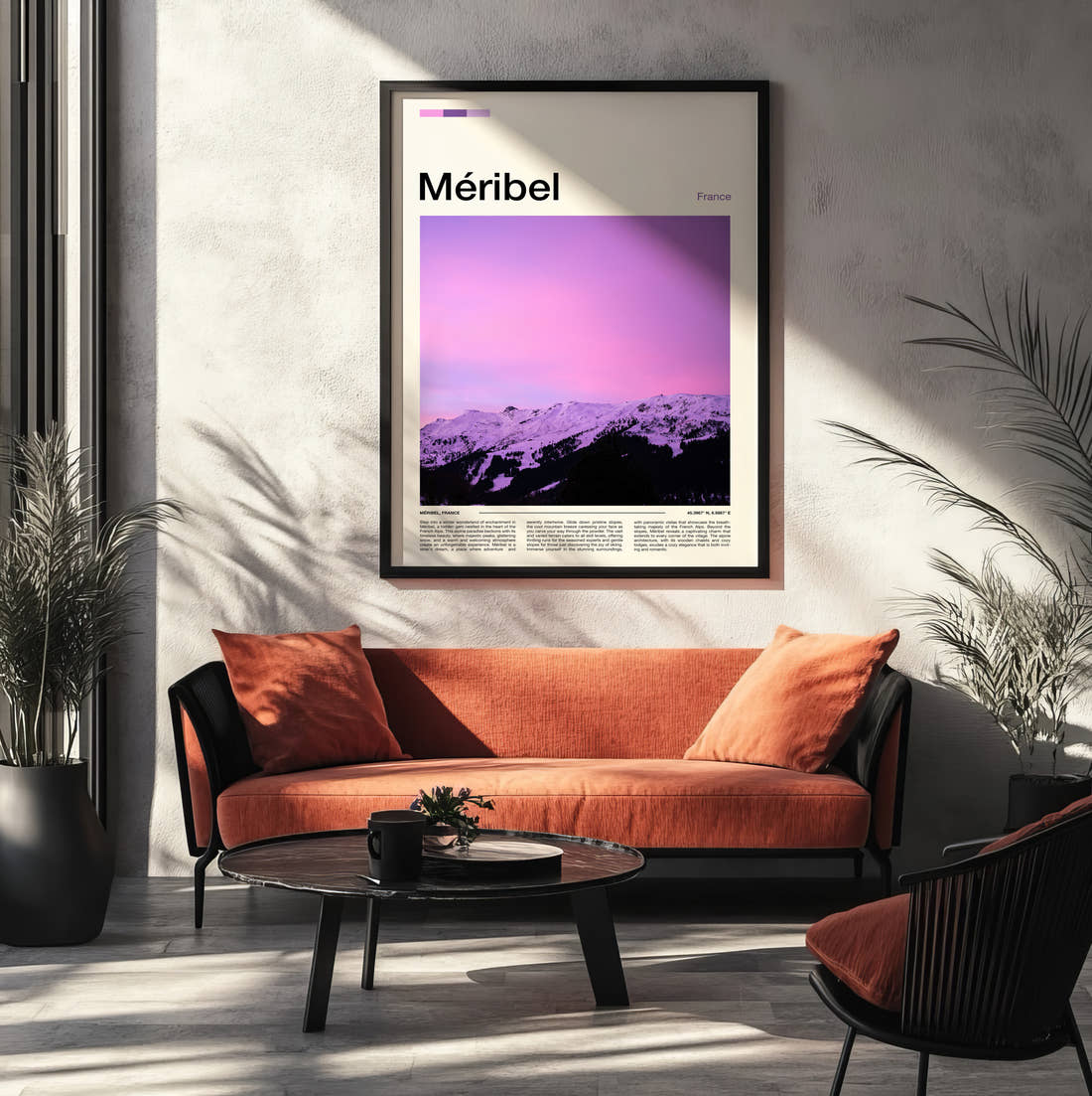 Meribel Snowy Mountains At Dusk Travel Print framed on the wall of a modern living room