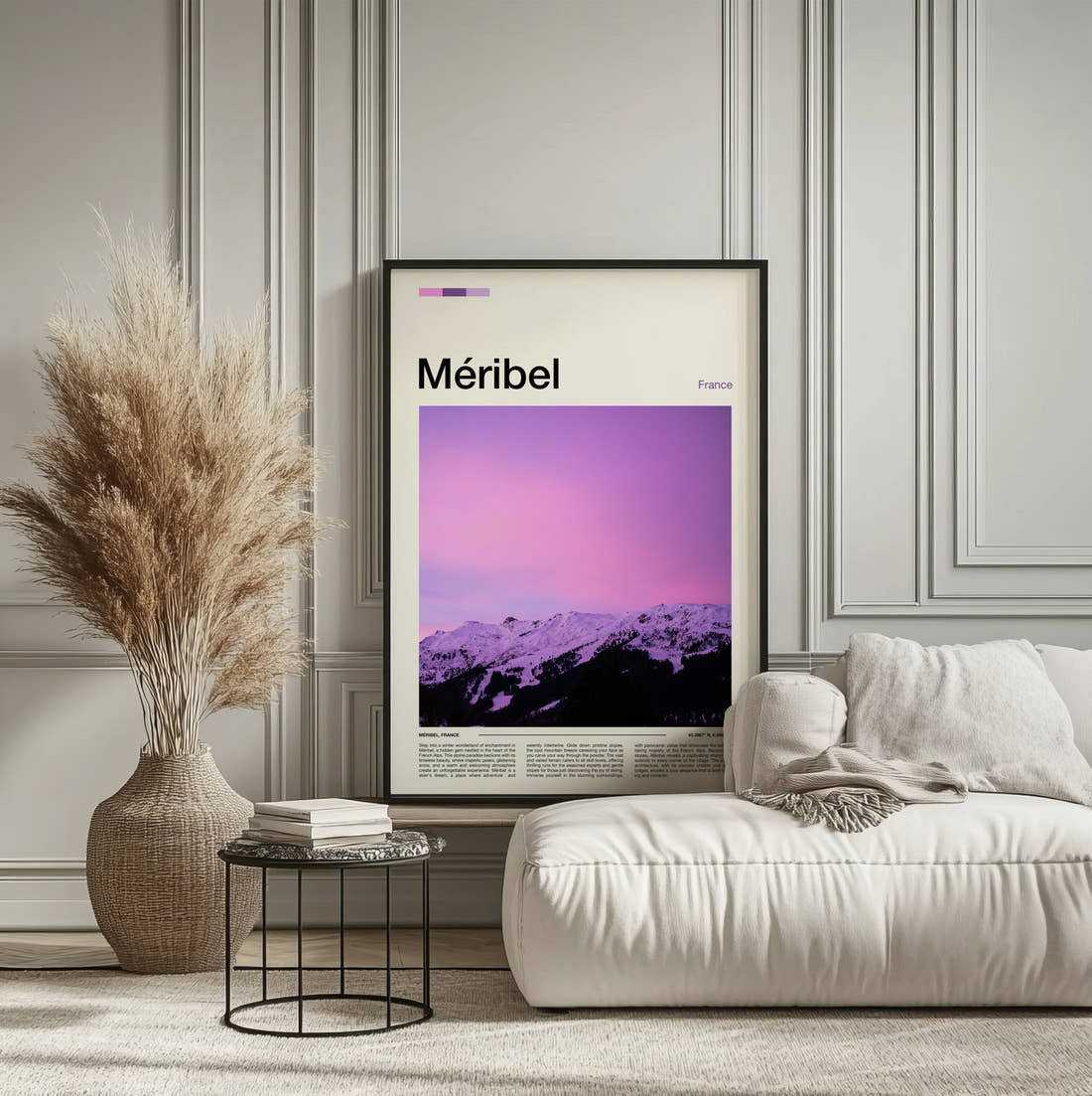 Meribel Snowy Mountains At Dusk Travel Print framed on the wall of a calm, neutral bedroom