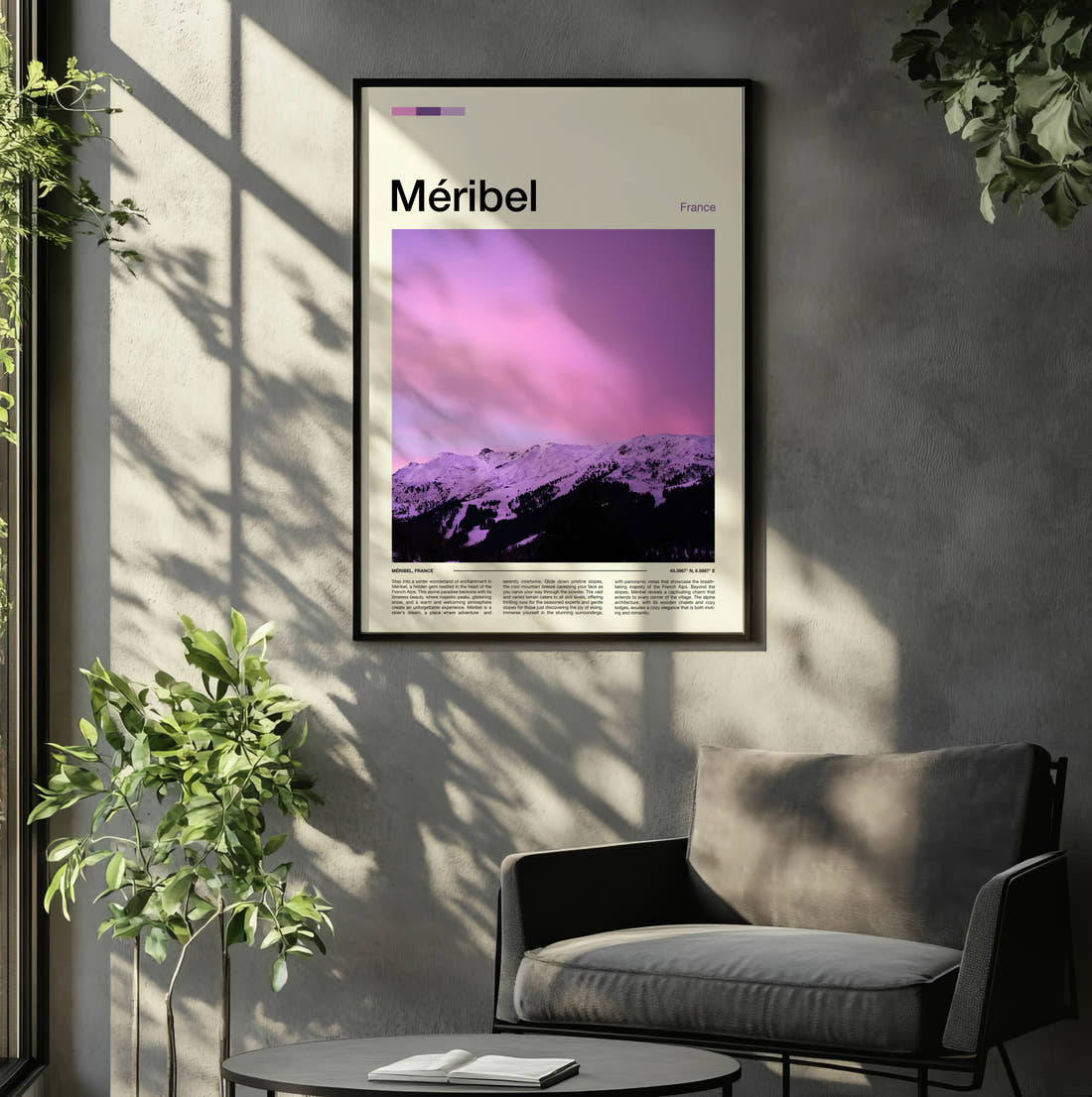 Meribel Snowy Mountains At Dusk Travel Print framed on the wall of a relaxed living room