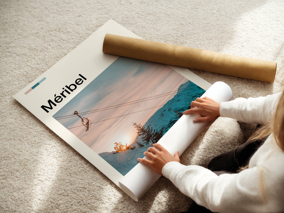 Meribel Chairlift At Sunset Travel Print being unrolled from its postal tube