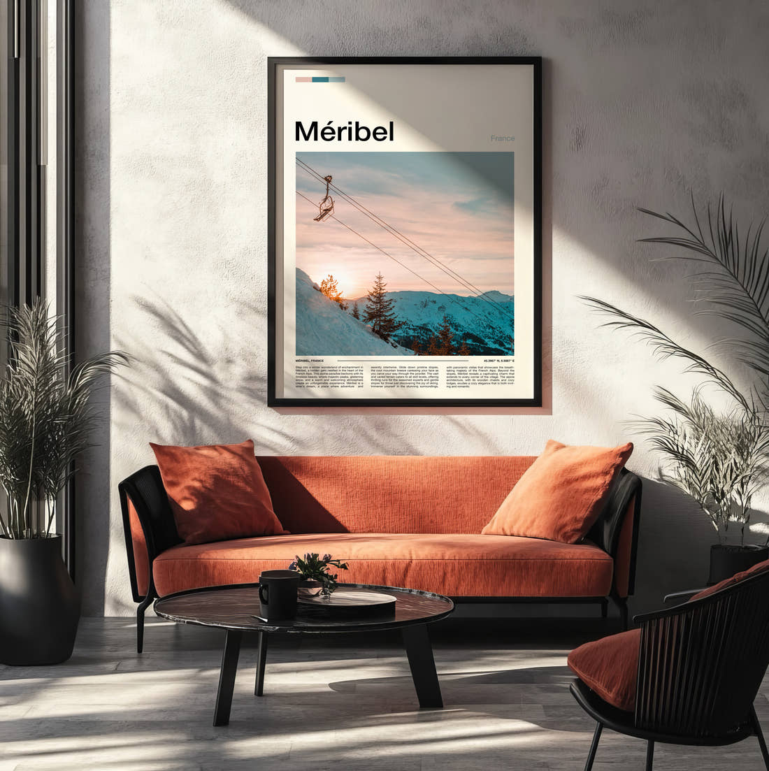 Meribel Chairlift At Sunset Travel Print framed on the wall of a modern living room