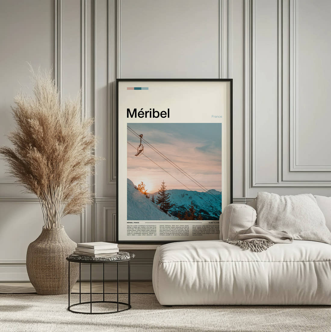 Meribel Chairlift At Sunset Travel Print framed on the wall of a calm, neutral bedroom