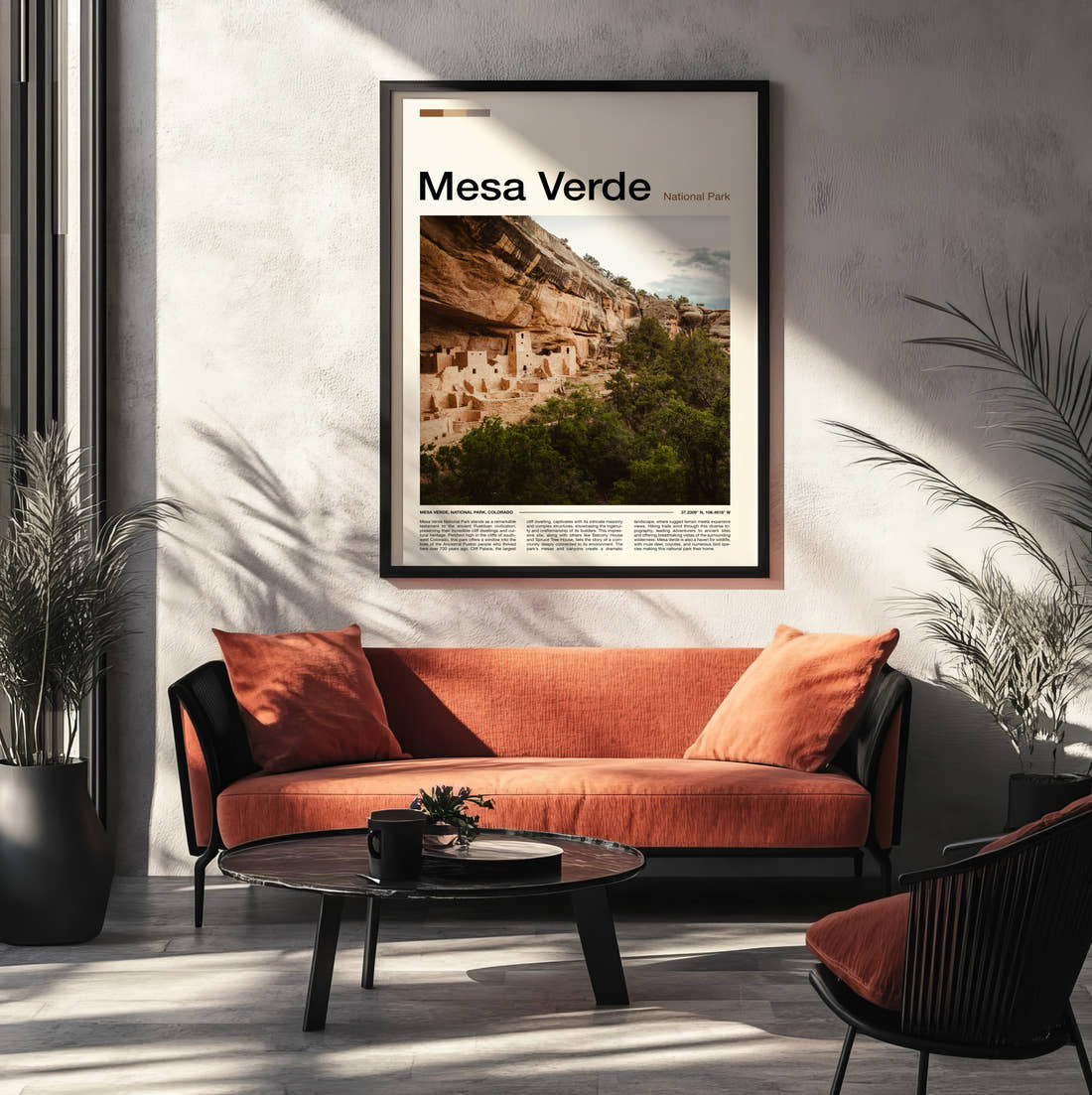 Mesa Verde Cliff Dwellings Travel Print framed on the wall of a modern living room