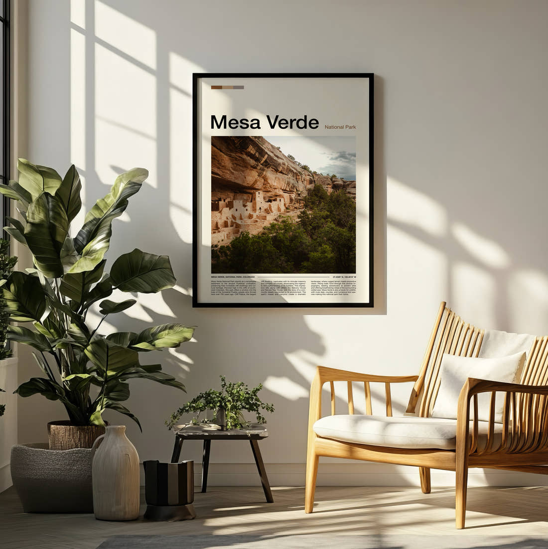 Mesa Verde Cliff Dwellings Travel Print framed on a pale wall beside houseplants