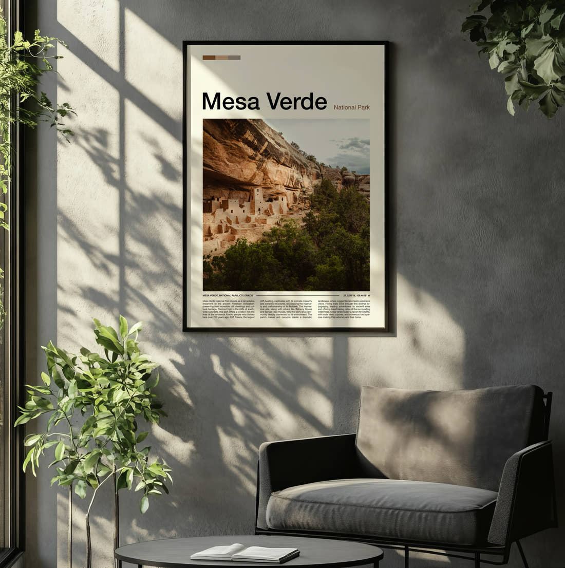 Mesa Verde Cliff Dwellings Travel Print framed on the wall of a relaxed living room