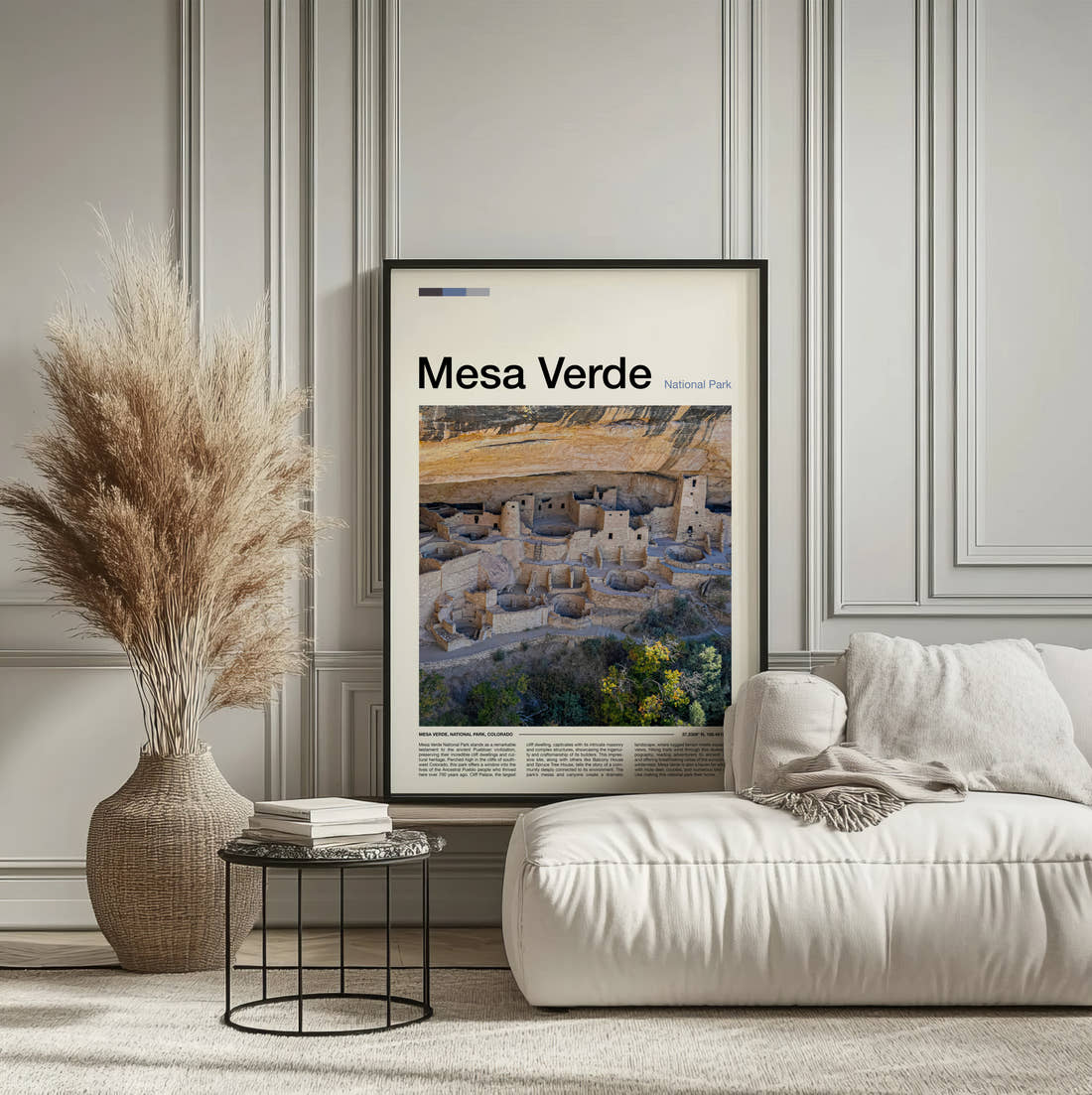 Mesa Verde Cliff Palace Ruins Travel Print framed on the wall of a calm, neutral bedroom
