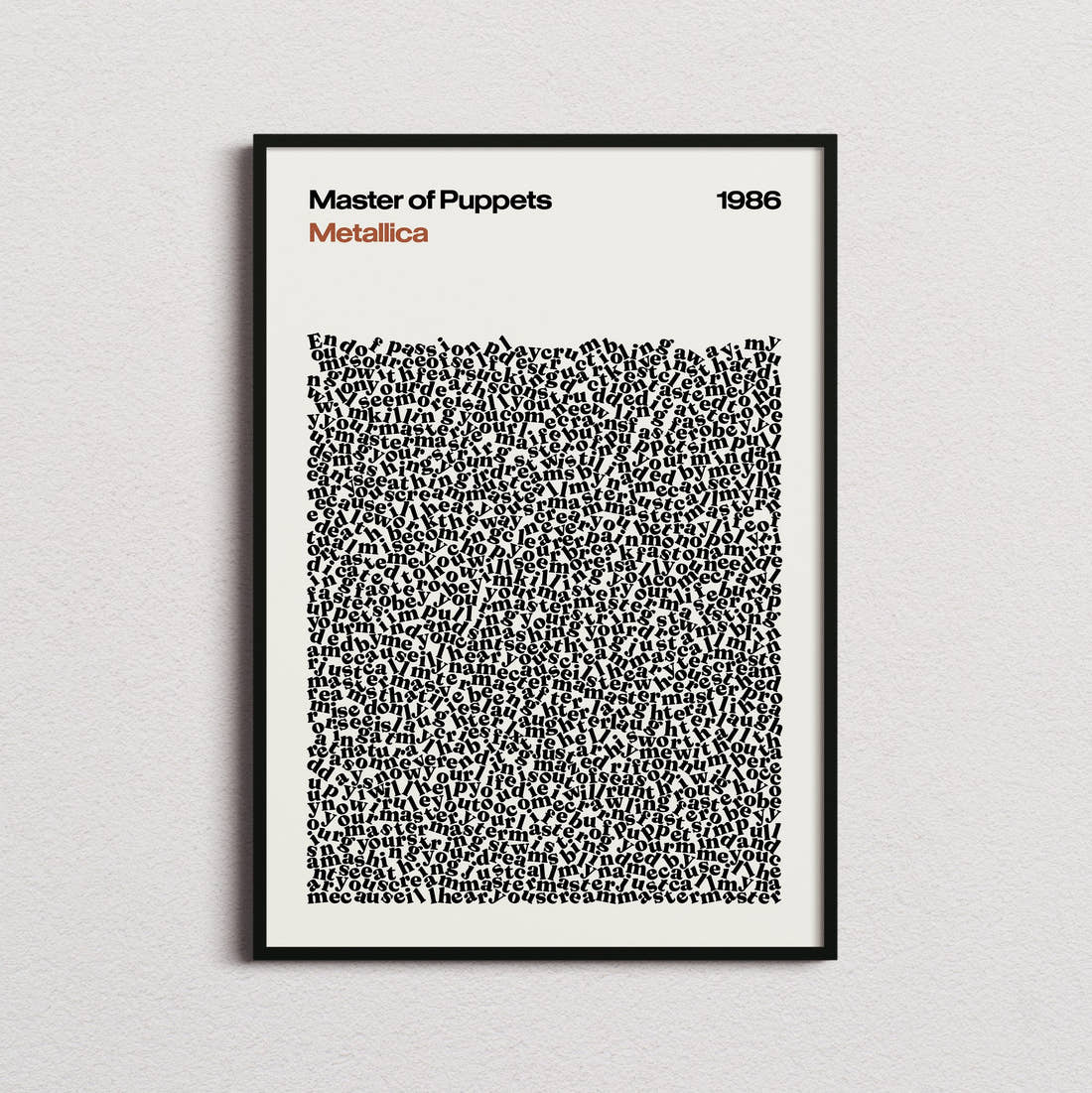 Metallica Master of Puppets Lyric Print in the cream colourway, framed