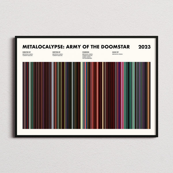 Metalocalypse Army of the Doomstar Movie Barcode Poster framed and photographed straight on