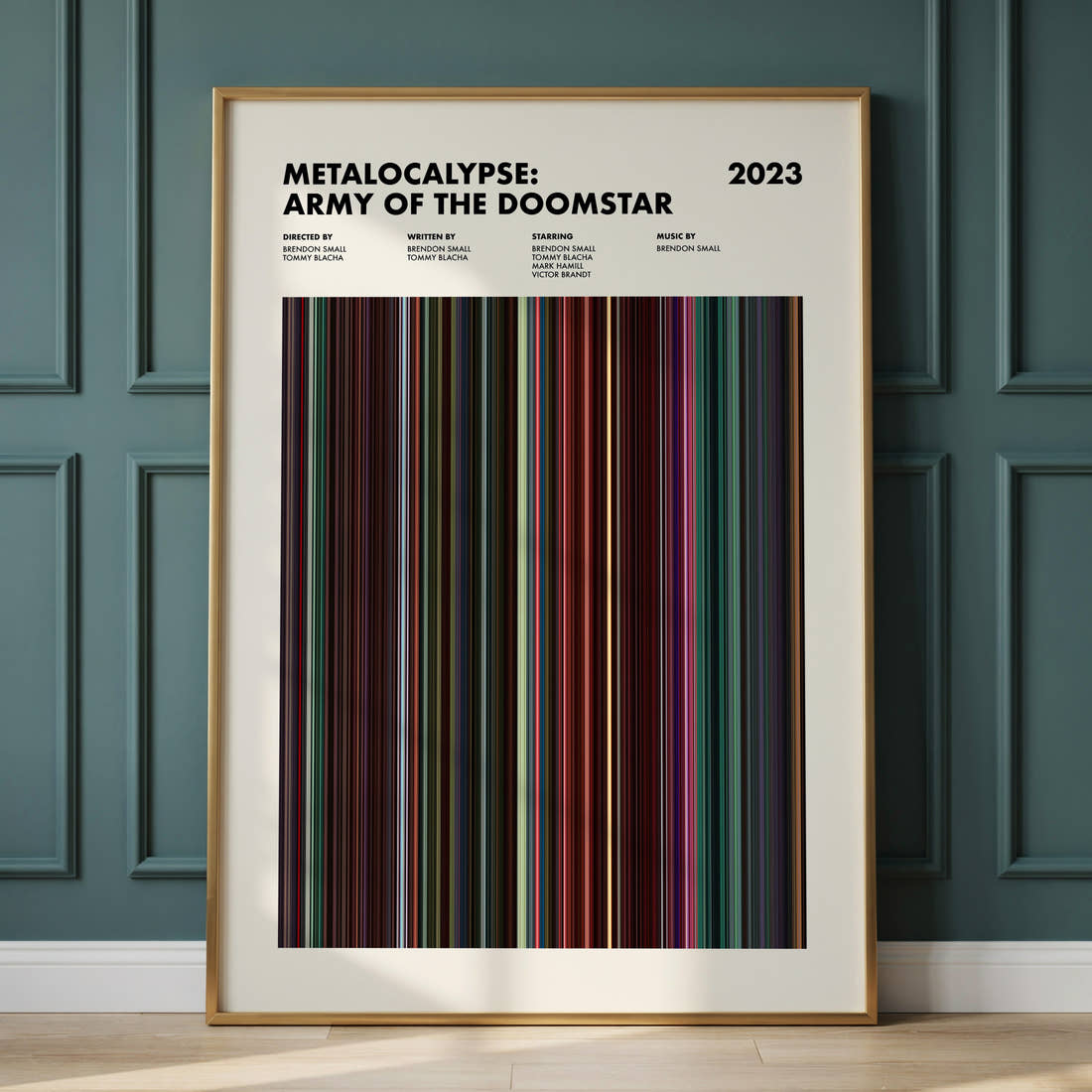 Metalocalypse Army of the Doomstar Movie Barcode Poster framed and leaning against a panelled wall
