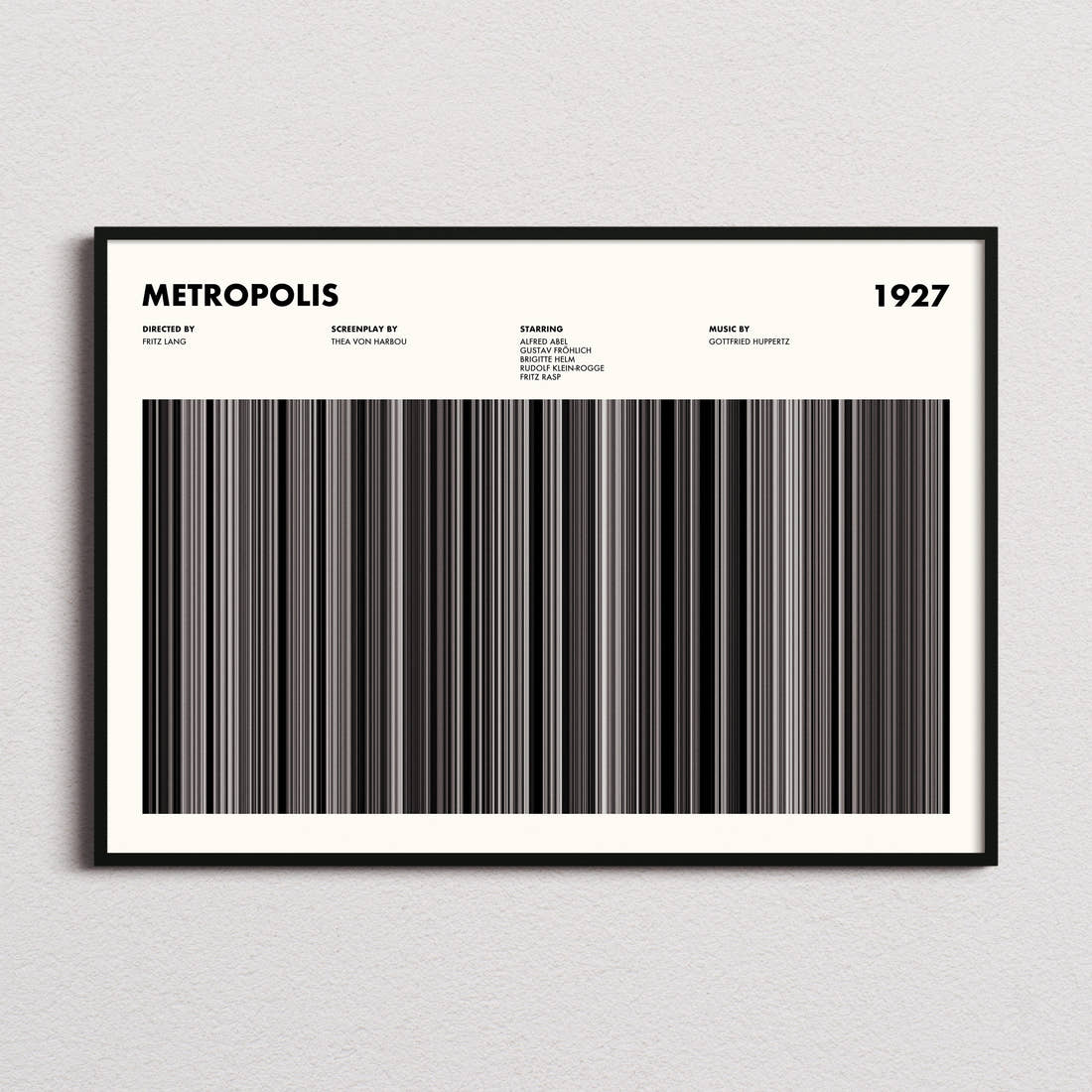 Metropolis Movie Barcode Poster framed and photographed straight on