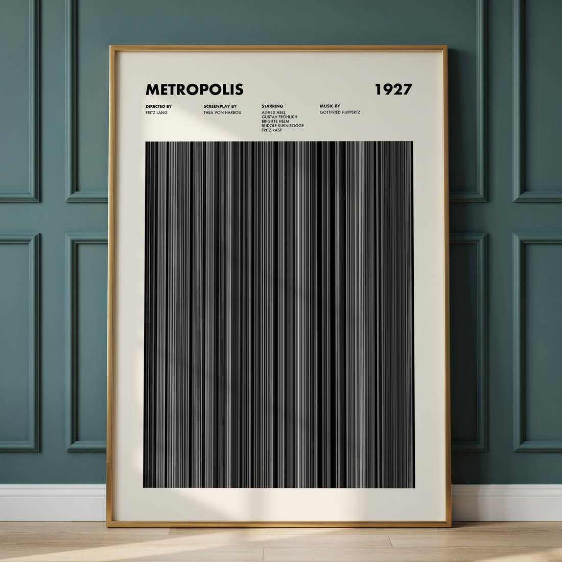 Metropolis Movie Barcode Poster framed and leaning against a panelled wall