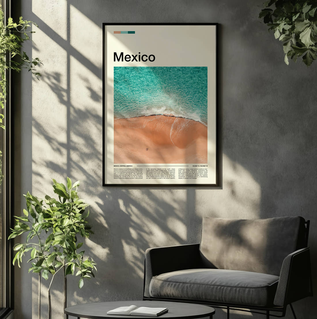 Mexico Waves On The Sand Travel Print framed on the wall of a relaxed living room