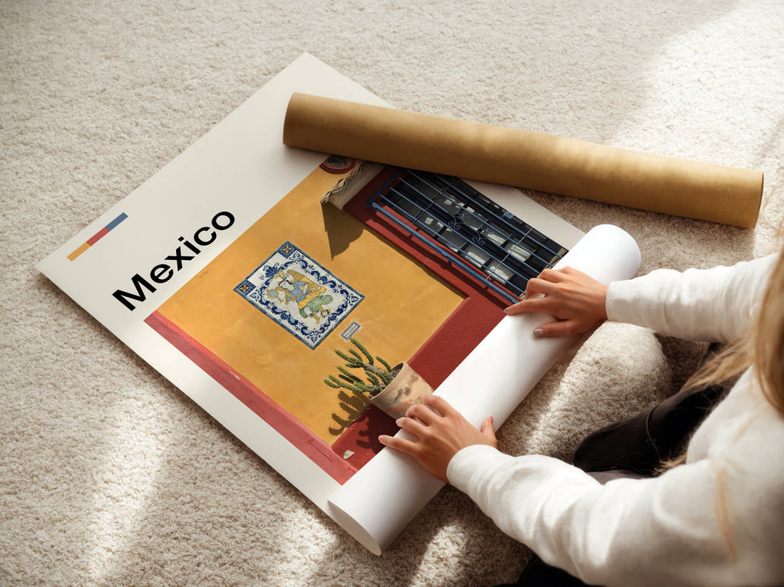 Mexico Cactus By Yellow Wall Travel Print being unrolled from its postal tube