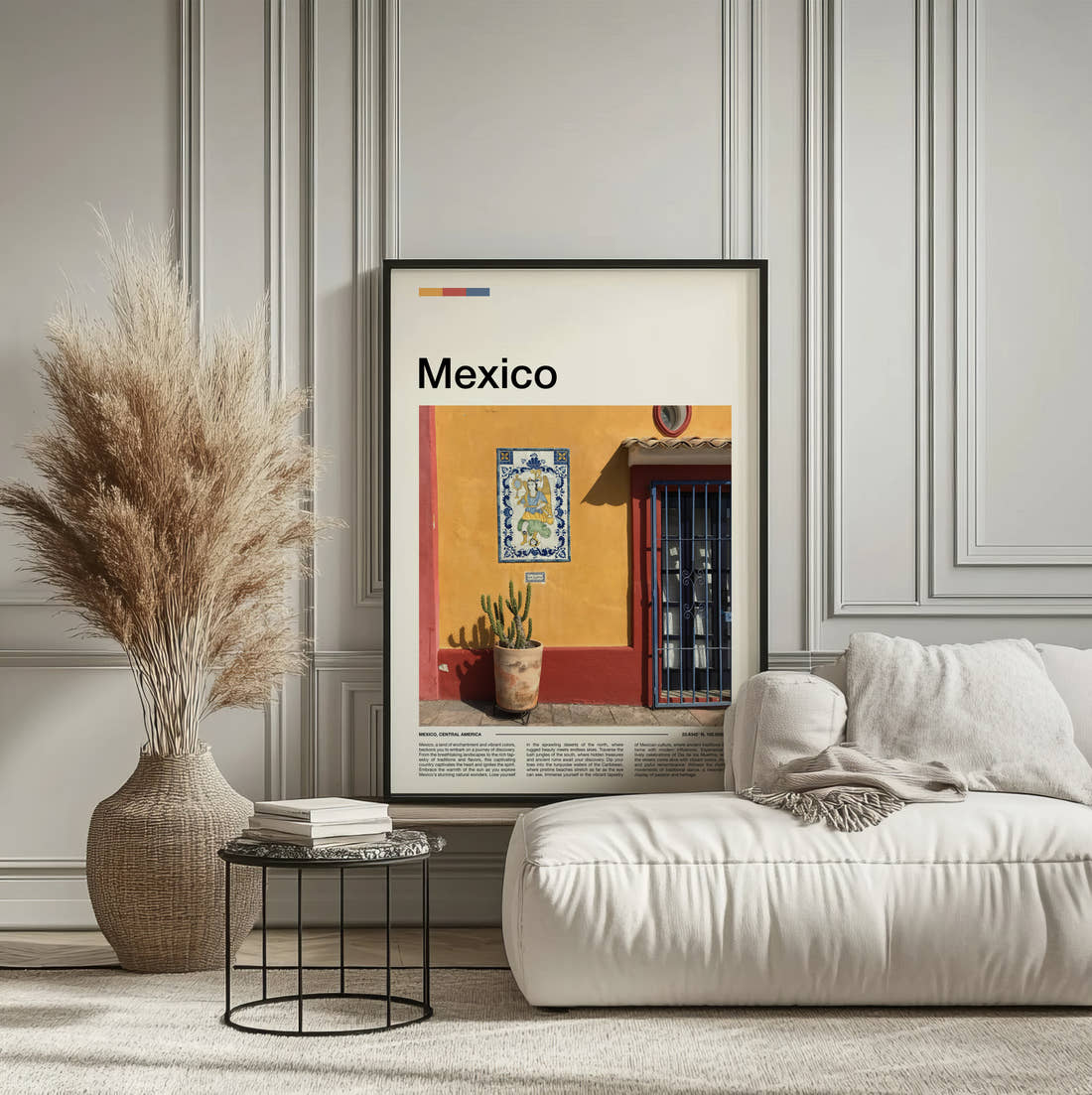 Mexico Cactus By Yellow Wall Travel Print framed on the wall of a calm, neutral bedroom