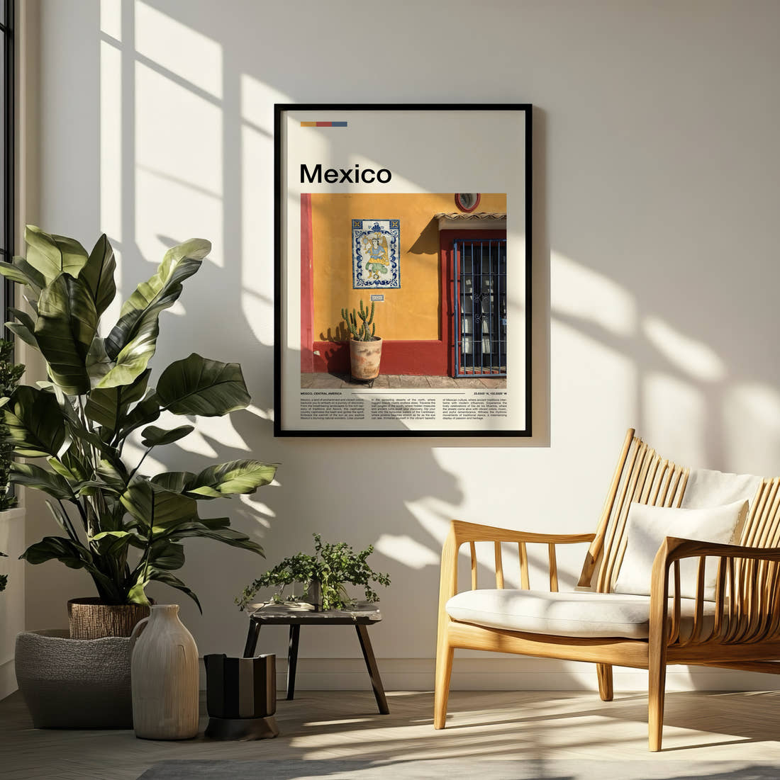 Mexico Cactus By Yellow Wall Travel Print framed on a pale wall beside houseplants
