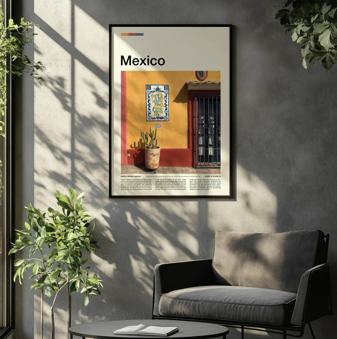 Mexico Cactus By Yellow Wall Travel Print framed on the wall of a relaxed living room