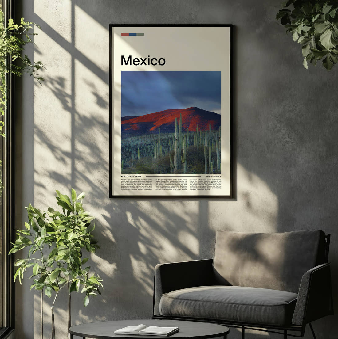 Mexico Cacti Below The Mountain Travel Print framed on the wall of a relaxed living room
