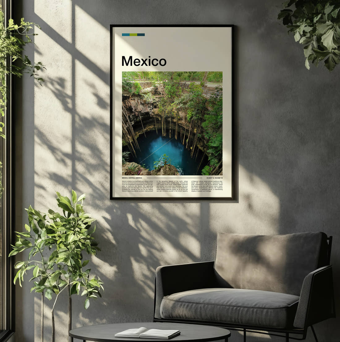 Mexico Cenote Travel Print framed on the wall of a relaxed living room