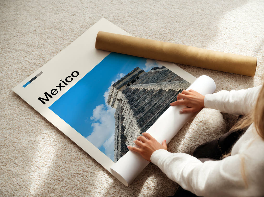 Mexico Chichen Itza Pyramid Close Up Travel Print being unrolled from its postal tube