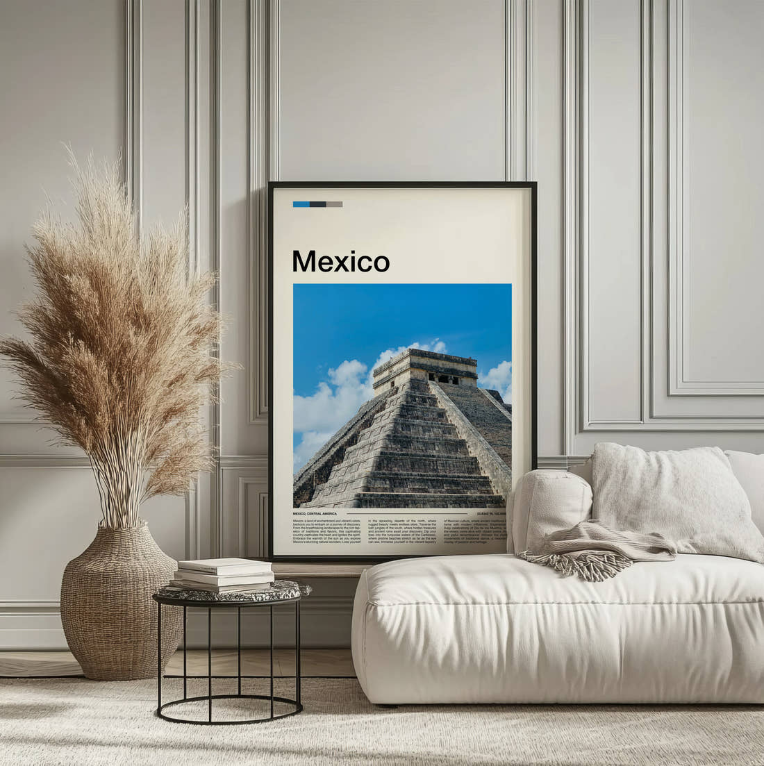 Mexico Chichen Itza Pyramid Close Up Travel Print framed on the wall of a calm, neutral bedroom