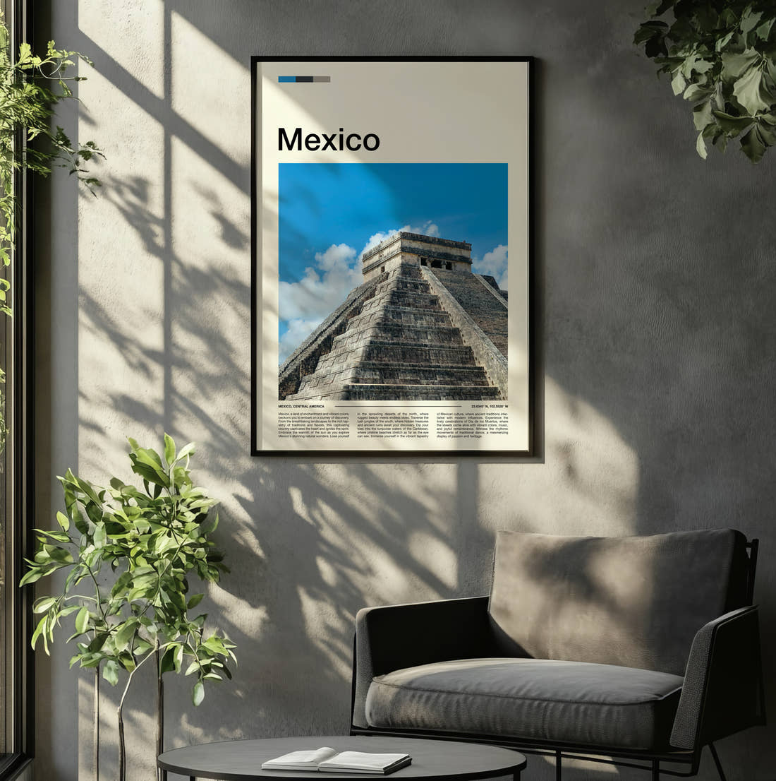 Mexico Chichen Itza Pyramid Close Up Travel Print framed on the wall of a relaxed living room