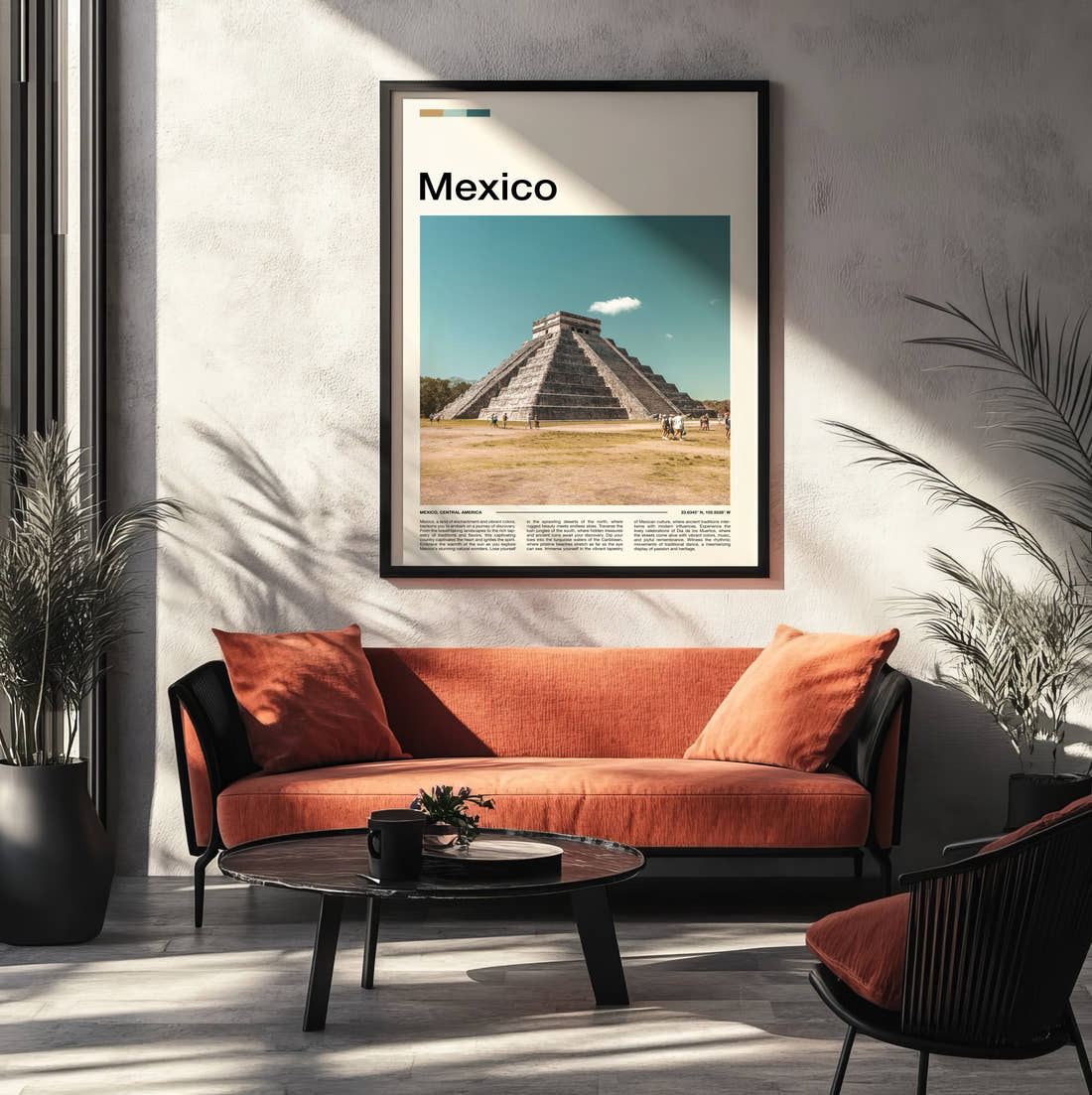 Mexico Chichen Itza Pyramid Across The Plaza Travel Print framed on the wall of a modern living room