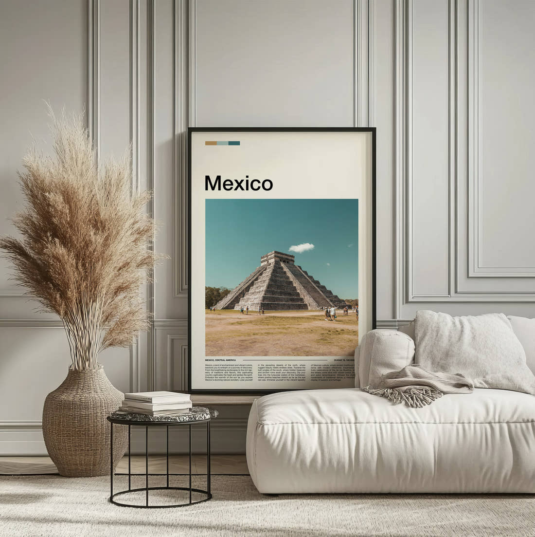 Mexico Chichen Itza Pyramid Across The Plaza Travel Print framed on the wall of a calm, neutral bedroom
