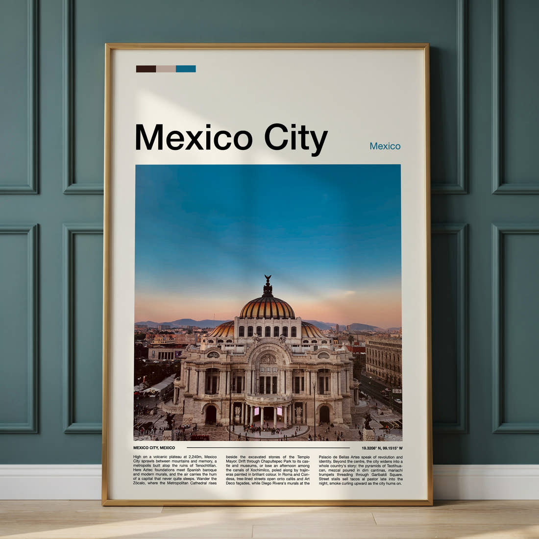 Mexico City Palacio De Bellas Artes Travel Print framed on the wall of a calm, neutral bedroom