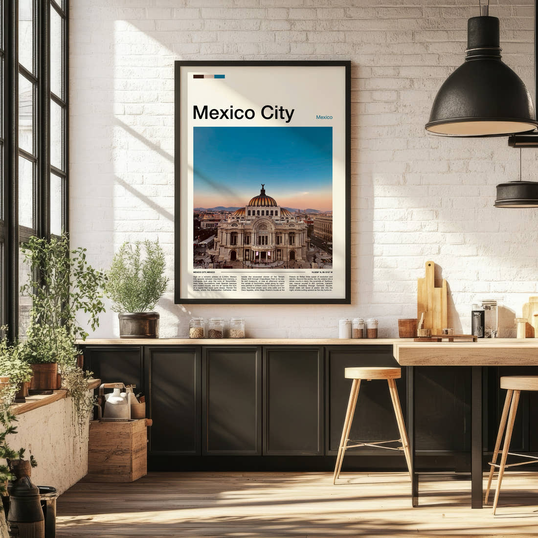 Mexico City Palacio De Bellas Artes Travel Print framed on the wall of a bright kitchen and dining space
