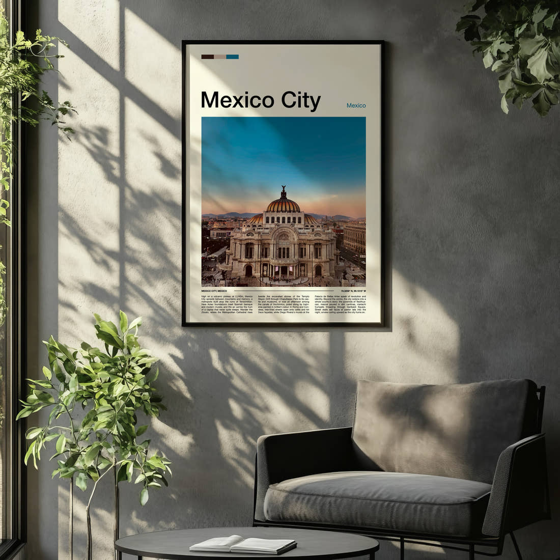 Mexico City Palacio De Bellas Artes Travel Print framed on the wall of a relaxed living room