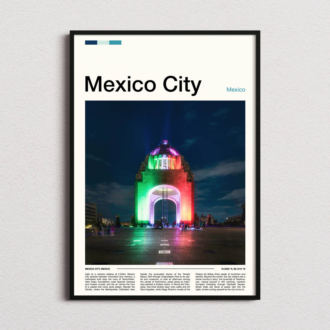 Mexico City Illuminated Monument Arch Travel Print framed and photographed straight on