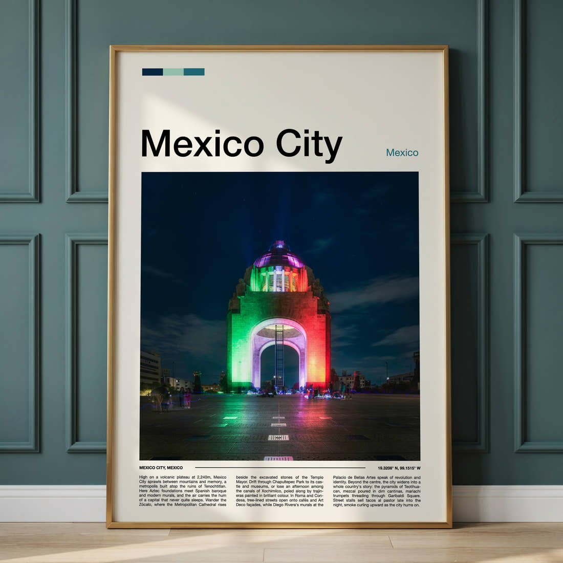Mexico City Illuminated Monument Arch Travel Print framed on the wall of a calm, neutral bedroom